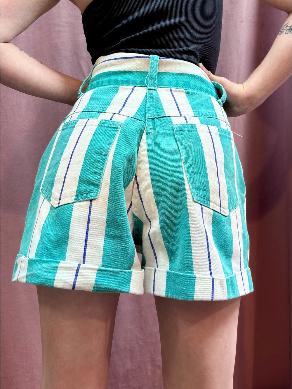 Vintage 80s Pasta Teal Striped High Rise Denim Shorts Made in USA